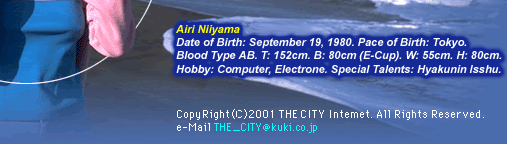 Airi Niiyama Profile: Born on 9-19-80 in Tokyo. Blood Type AB. T: 152cm. B: 80cm (E-Cup). W: 55cm. H: 80cm. Hobby: Computer, Electrone. Special Talents: Plays hyakunin-isshu card game.